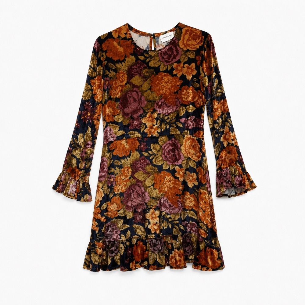 Antik Batik Velvet Floral Mini Dress Boho Long Sleeve‎ Fall Large